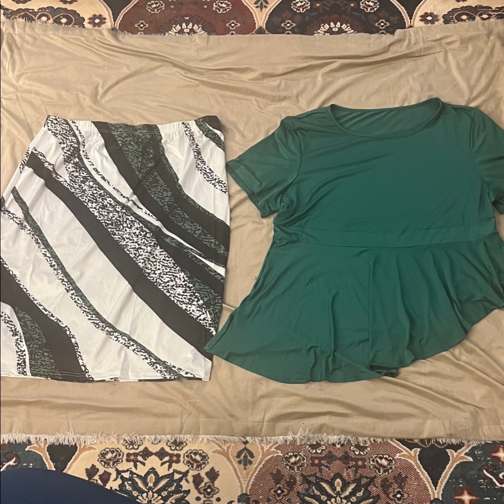 Women’s Emerald Green Peplum Top and Black-White and green Printed Skirt Set